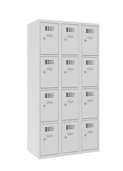 Ein lichtgrauer Fächerschrank mit drei Abteilen und zwölf Fächern mit jeweils einer Tür. Alle Türen sind geschlossen. Der Schrank steht vor einem weißen Hintergrund.